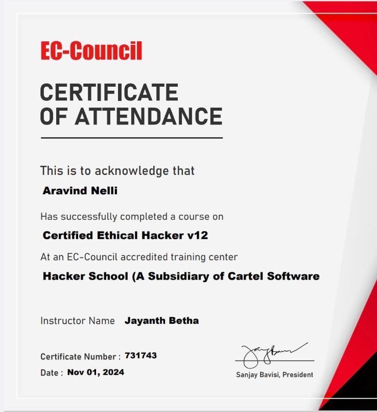 CEH v12 course, certificate of attendance